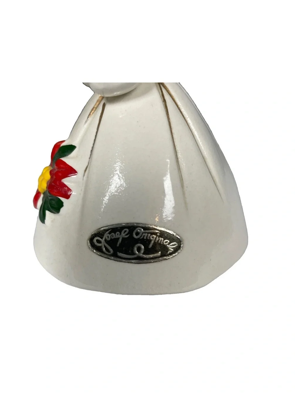 Vintage Josef Originals Poinsettia Christmas Angel Figure White Gold Ceramic